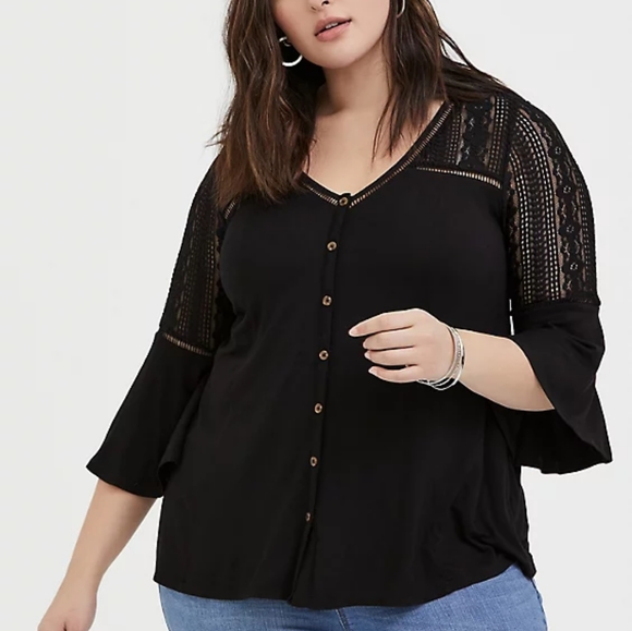 Torrid || 00 Super Soft Lace Black Bell Sleeve Button Up Top - Picture 2 of 11